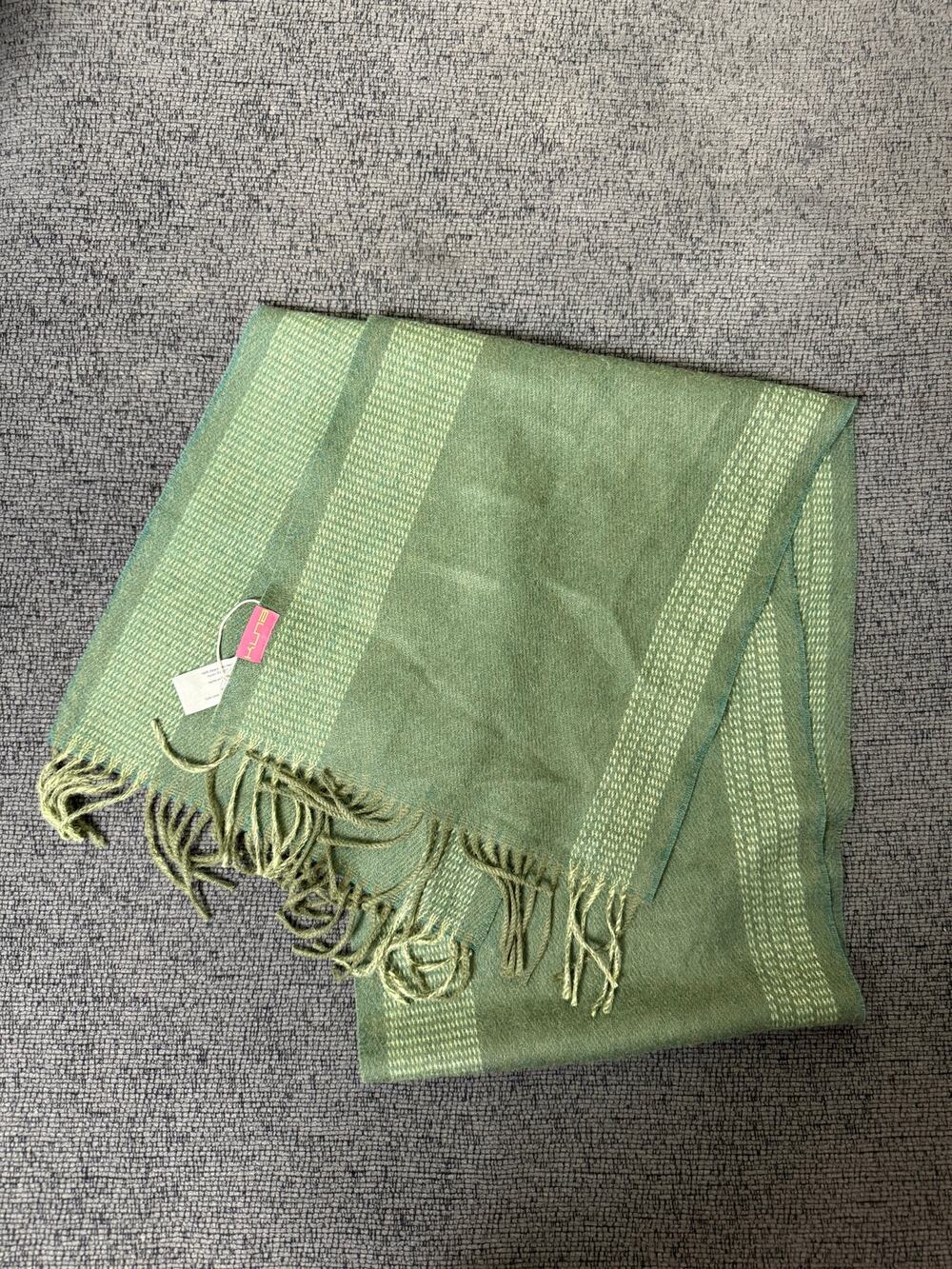 KUNA 100% Baby Alpaca Striped Fringe Scarf Green NWOT Quiet Luxury